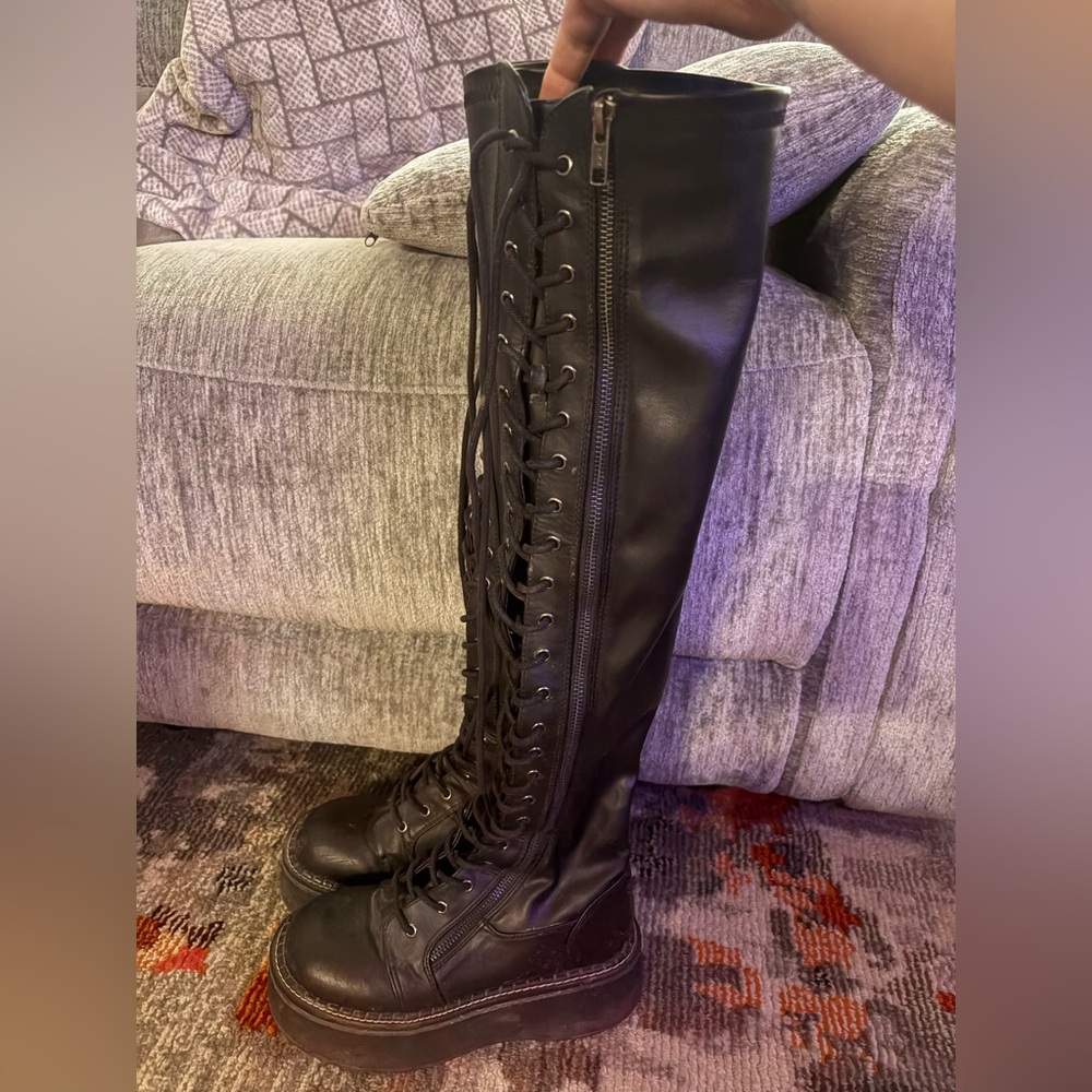 Demonia Emily-375 Black Over the Knee Lace-Up Boots
